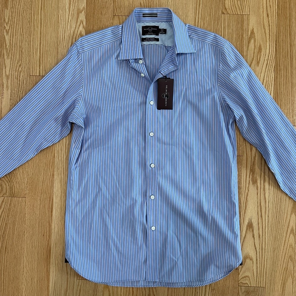 NWT - Black Brown 1826 Men's Light Blue Striped Fitted Non Iron Dress Shirt